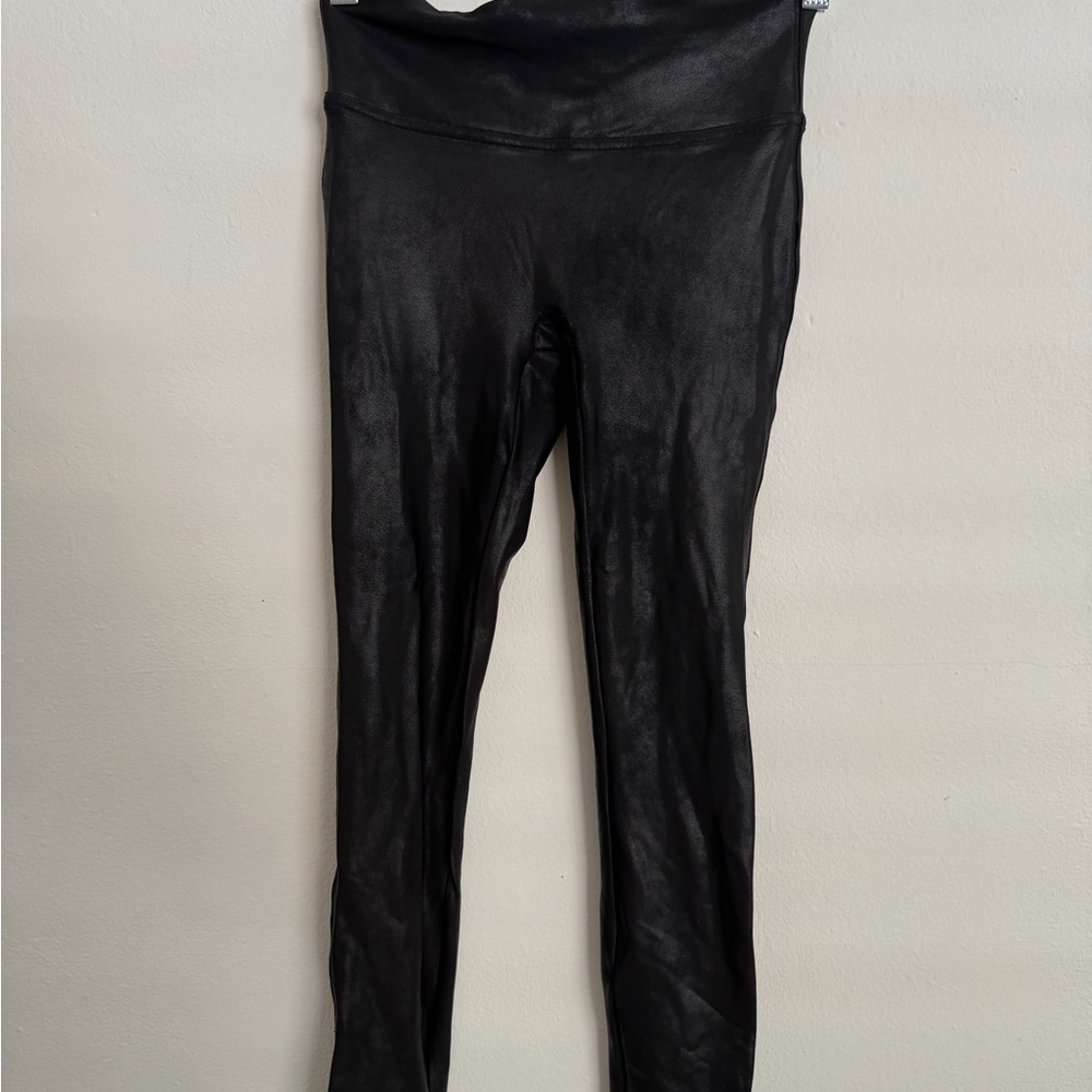 SPANX Black Faux Leather Leggings with Red Tag